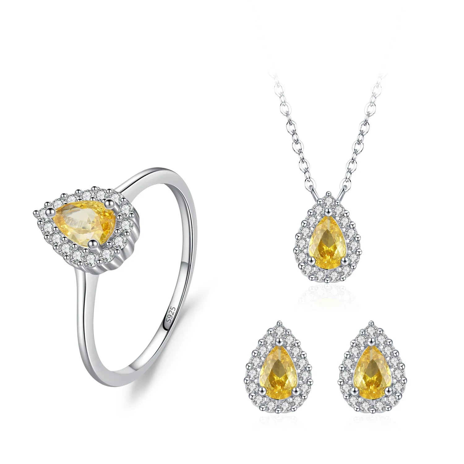 Fine Jewelry Engagement Bridal Diamond Jewelry Set 925 Sterling Silver Yellow Drop-Shaped Zirconia Ring Earrings Necklace Sets