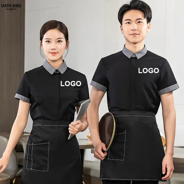 Wholesale Custom LOGO Restaurant Bar Server Uniform Bartender Work Shirt Waiter Waitress Shirt Work Wear Men Women Manufacturer