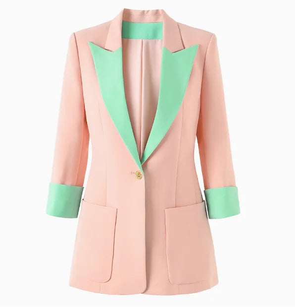 Women's Pink Spring Summer Blazer Single Button Seven Quarter Sleeves New Color Blocking Patchwork Design Commuting Suit Jacket