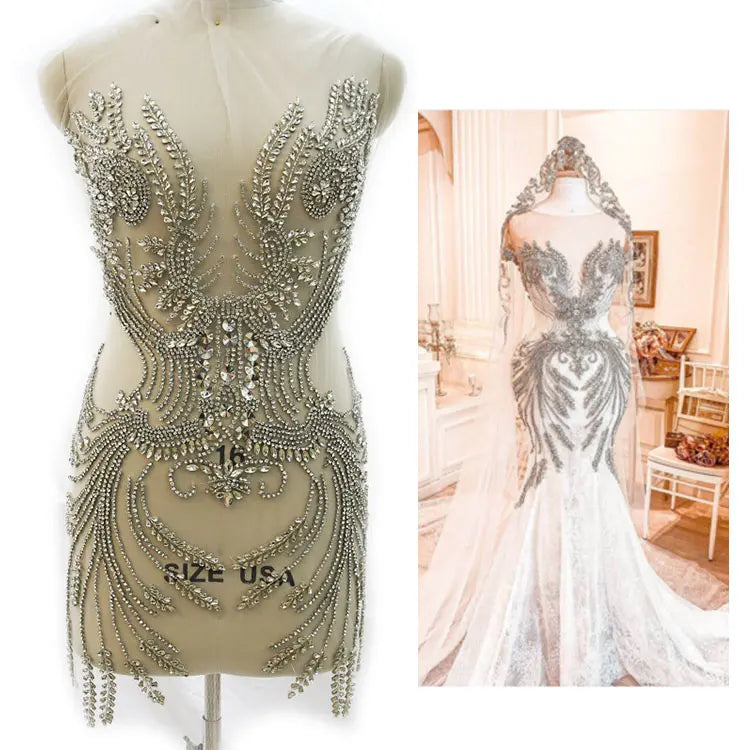 Shine Glass Diamond Full Bridal Panel Rhinestone Appliques for Wedding Dress With Long Sleeves WDP-369