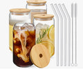Custom Logo Beer Can Glass Cup High Borosilicate Clear Coffee Soda Glass Juice Cup with Bamboo Lid and Straw