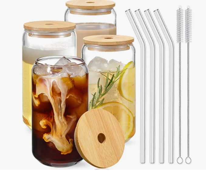 Custom Logo Beer Can Glass Cup High Borosilicate Clear Coffee Soda Glass Juice Cup with Bamboo Lid and Straw
