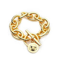 Luxury Gold Plated Lion Head Disc Charm Bracelet Bold Striped Blank Link Chain Fashion Statement Jewelry Gift Brass Bracelet