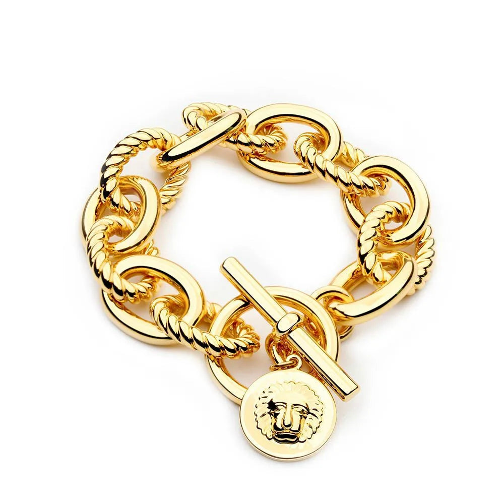 Luxury Gold Plated Lion Head Disc Charm Bracelet Bold Striped Blank Link Chain Fashion Statement Jewelry Gift Brass Bracelet