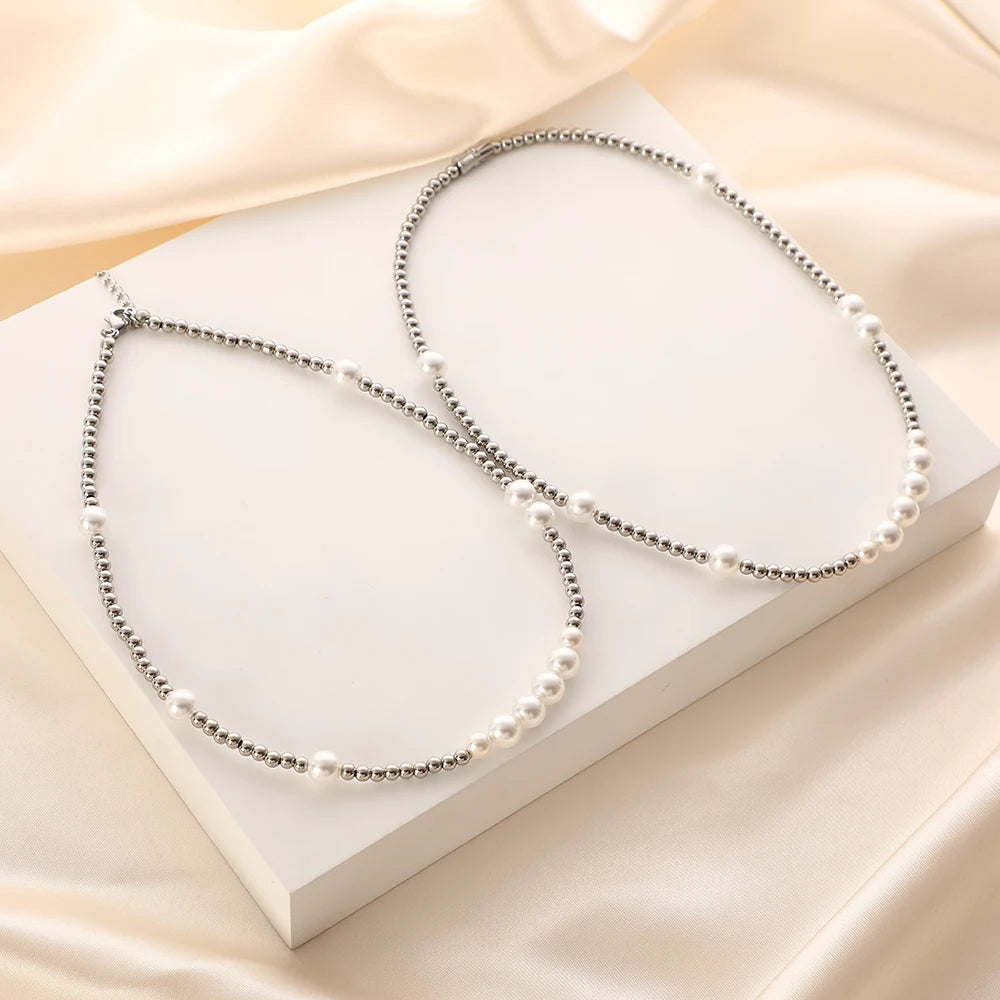 Non-Tarnish Stainless Steel Choker Necklace Jewelry Simple Silver Color Simulated Pearl Metal Beads Chain Necklace