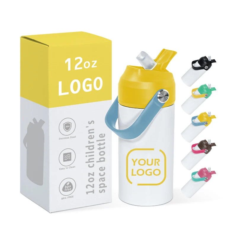 Creative 12oz Flat Kids Water Bottle Double Wall Stainless Steel Kids Sublimation Tumbler with Colorful Flip Straw Lids