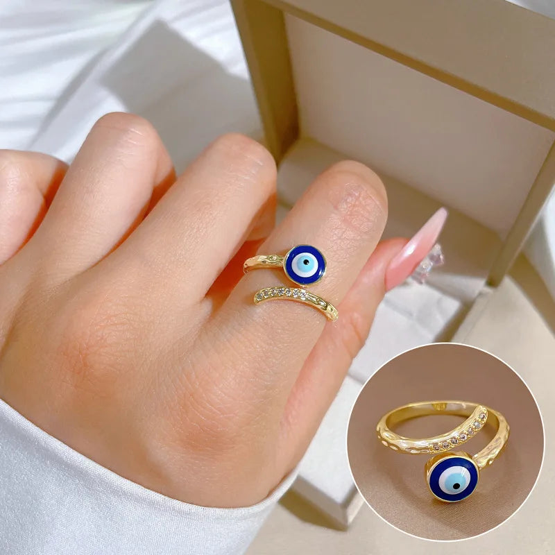 Fashion Gold Plated Eye Shape Adjustable Ring Iced Out Cubic Zirconia CZ Blue Eyes Finger Ring Jewelry for Couple