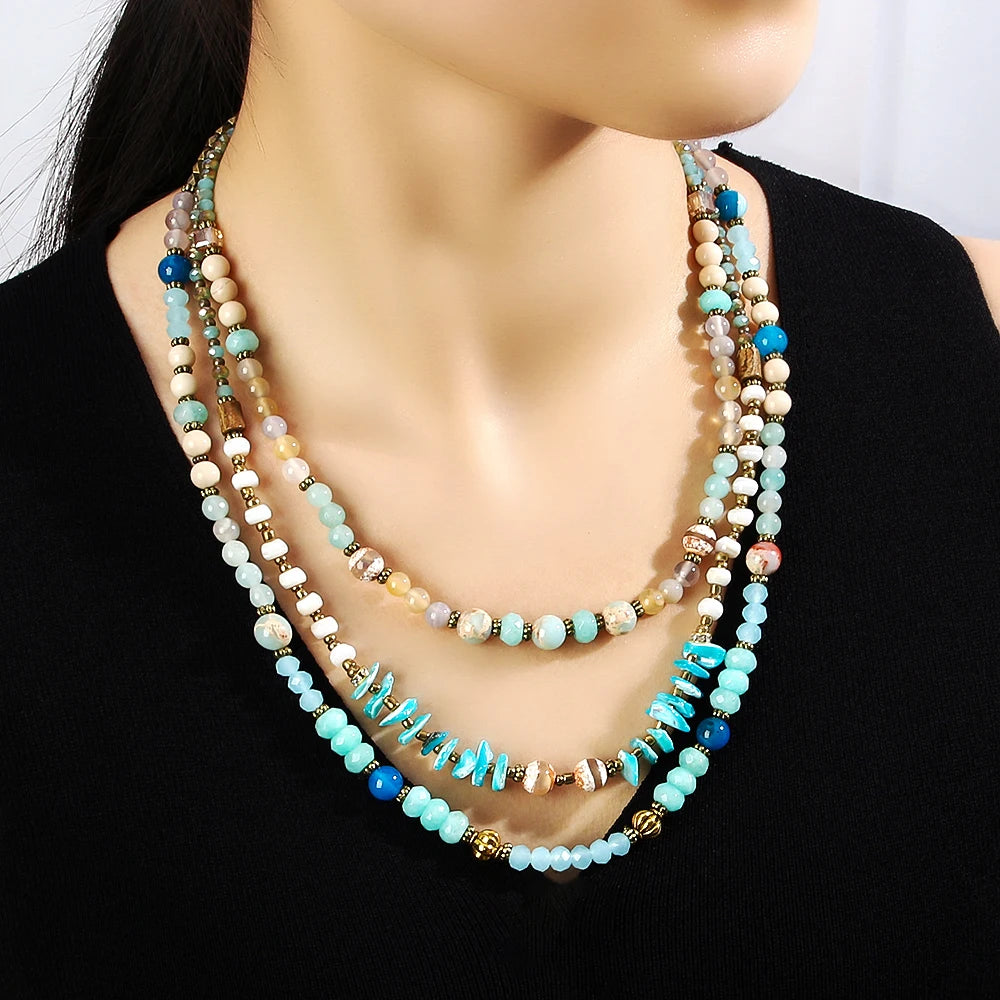 Ethnic Style Women's Necklace Jewelry Vintage Bohemian Handmade Bead Multicolor Natural Stone Glass Shell 3 Layer Necklace