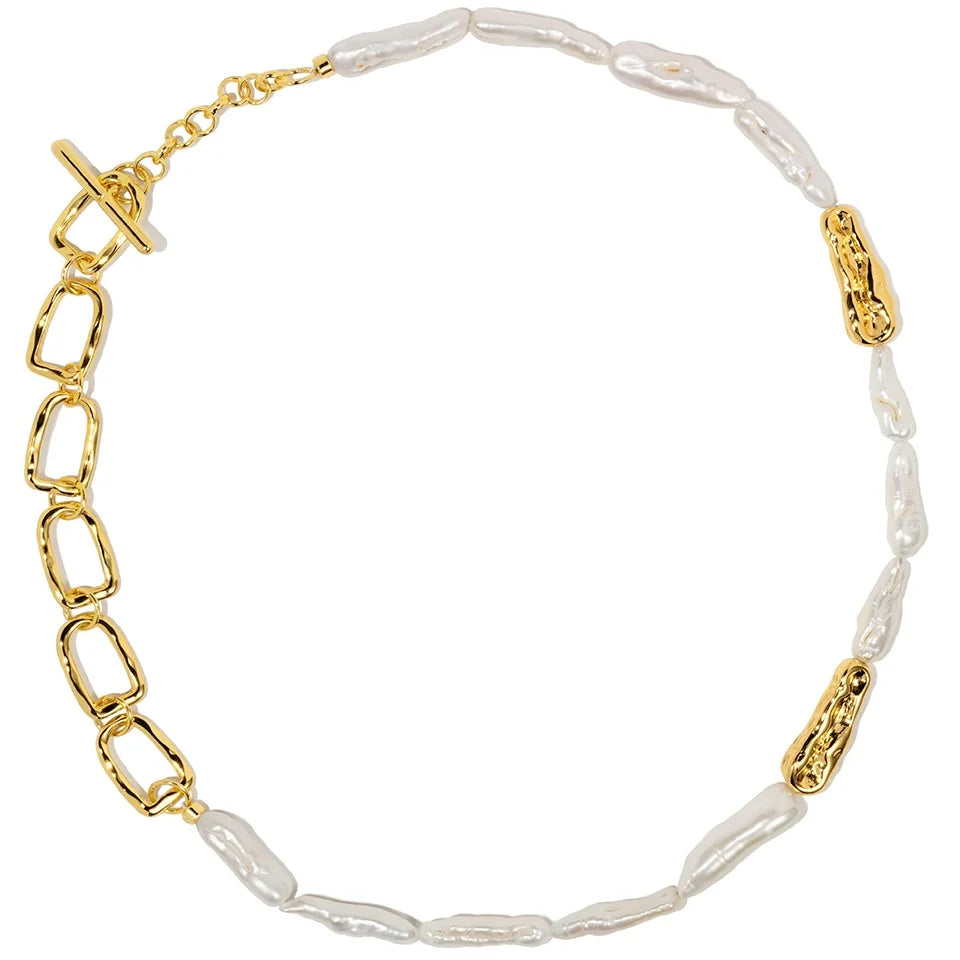 Brass Plated Vintage Natural Baroque Pearl Metal Bead Splicing Necklace for Women Gift Jewelry Custom Design