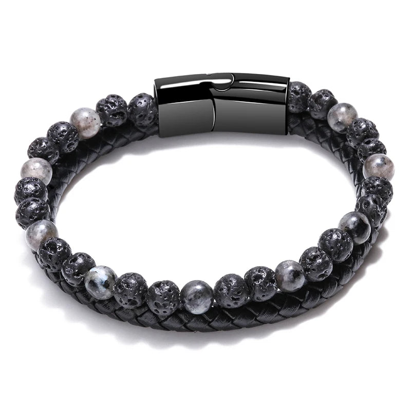 European and American Hot Selling Natural Volcanic Stone Tiger Eye Agate Beaded Leather Rope Men's Bracelet