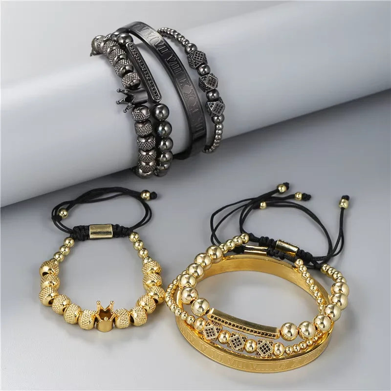 2025 Best Selling Copper Inlaid Zircon Bracelet Stainless Steel Open Weave Crown Layered Bracelet for Men