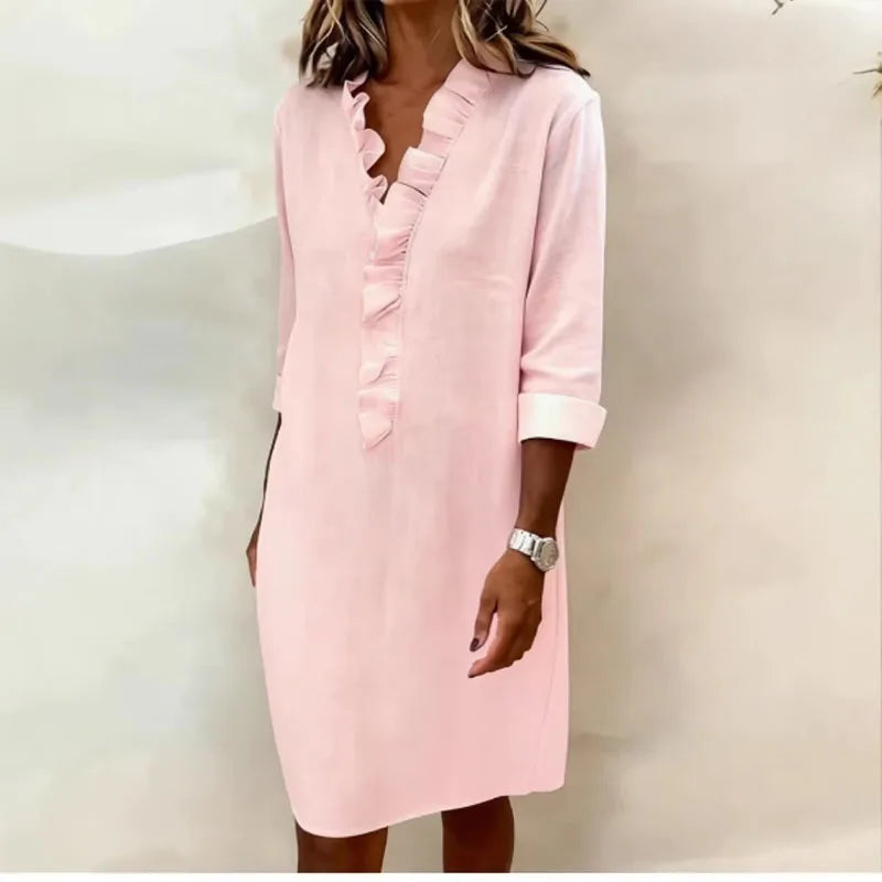 RNSHANGER Women Slim Fit Dress Summer Dress for Women Ruffle Trim Midi Dress with Pockets Long Sleeve Vacation V-neck Dress