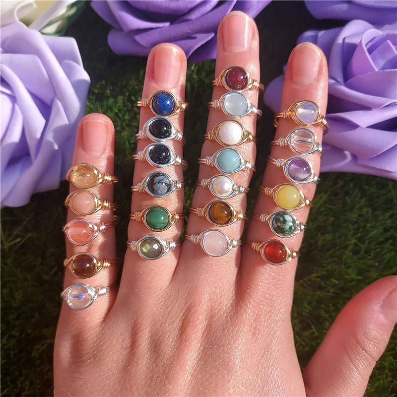Personality Handmade Winding Ring Healing Pink Sapphire Colorful Onyx Ring Natural Stone Crystal Ring for Women
