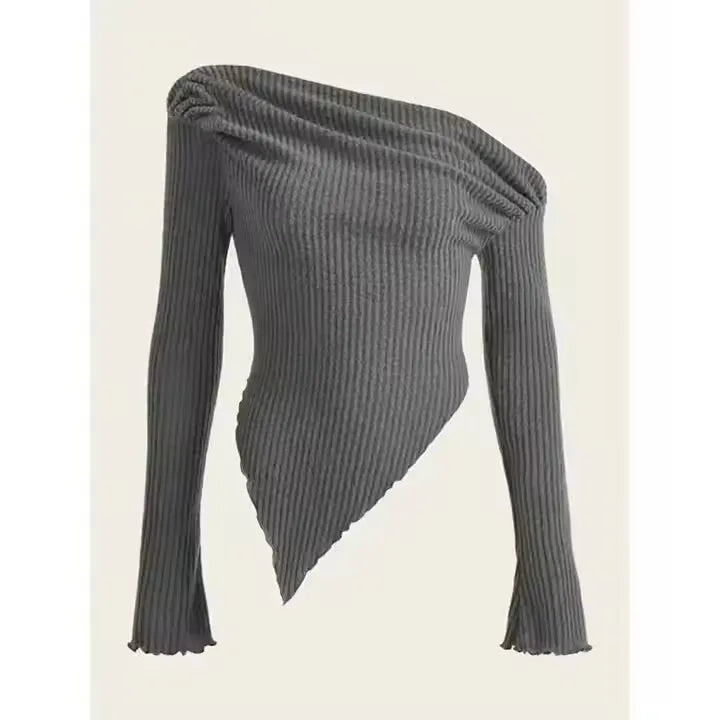 Long Sleeve Casual Sweater Handkerchief Hem Women Solid Autumn Winter Grunge Asymmetrical Neck Rib-knit Tee Strapless Blouse