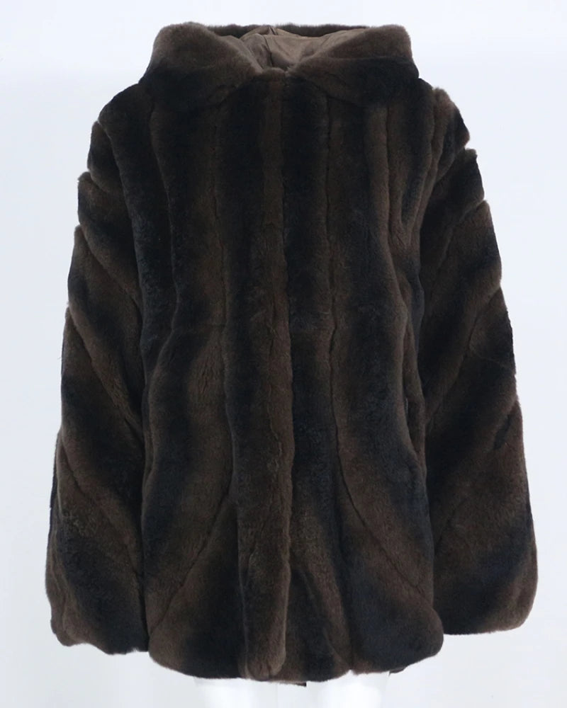 OFTBUY 2023 Women's Faux Fur Coats European American Style Winter Outerwear Delicate Warm Natural Rex Rabbit Fur Hooded Overcoat