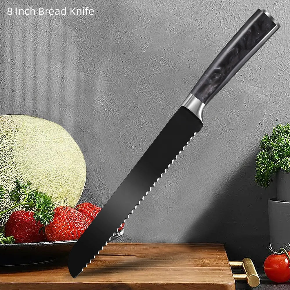 5pcs Stainless Steel Non-stick Coating Kitchen Knife Set with Resin Handle Santoku & Cleaver Knife