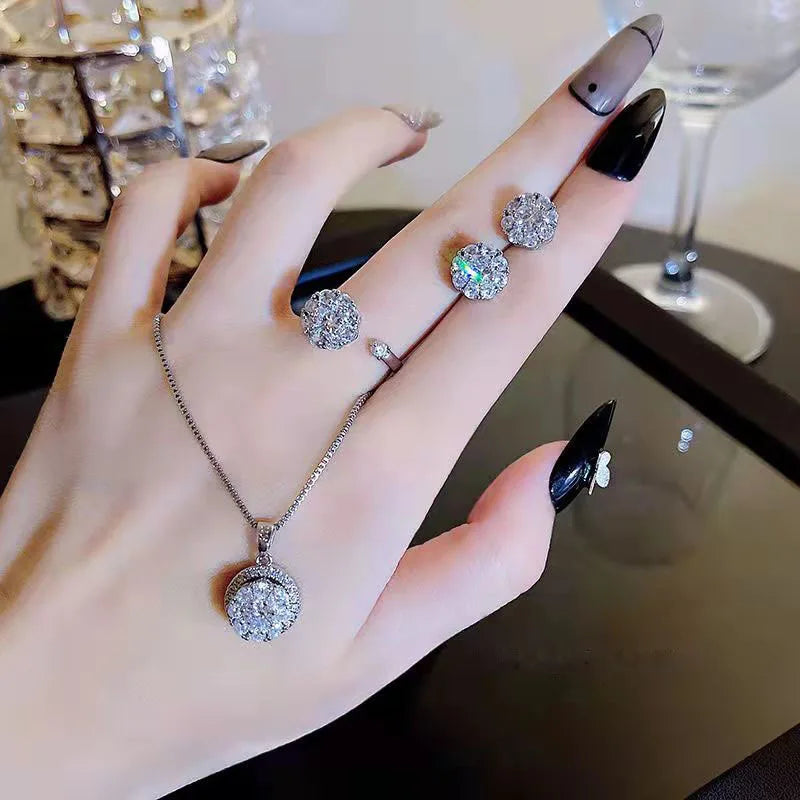 Trendy Round Crystal Silver Color Bride Jewelry Set for Wedding Drop Earring Necklace Pendant Women Gifts