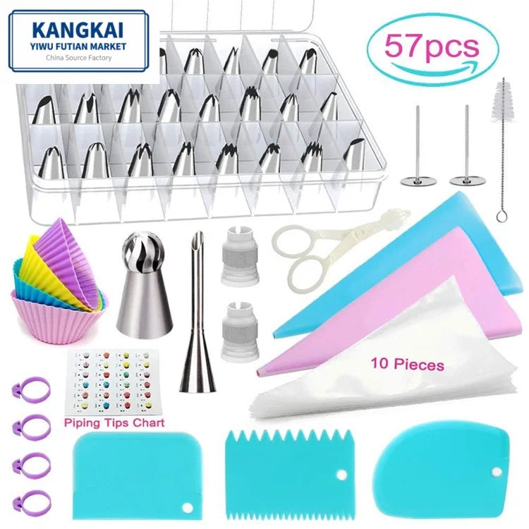 57pcs Kitchen Flower Cupcake Decorating Piping Nozzles Cake Piping Tips Eco-Friendly Food Contact Safe Stainless Steel Baking