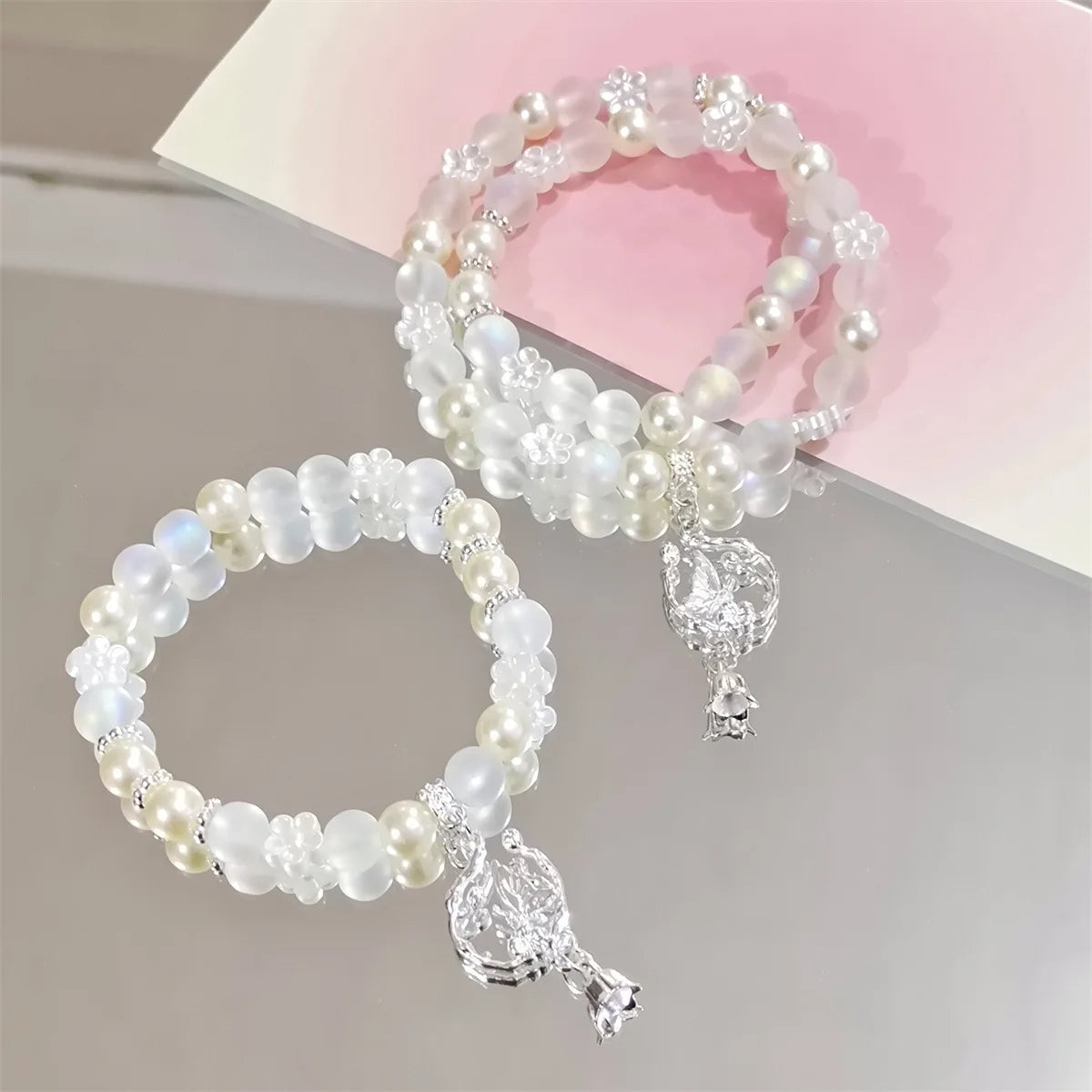 Double Layers Fantasy Popcorn Cracked Crystal Beads Bracelet Peachflower Charm Gradient Color Women Friendship Bracelet Jewelry