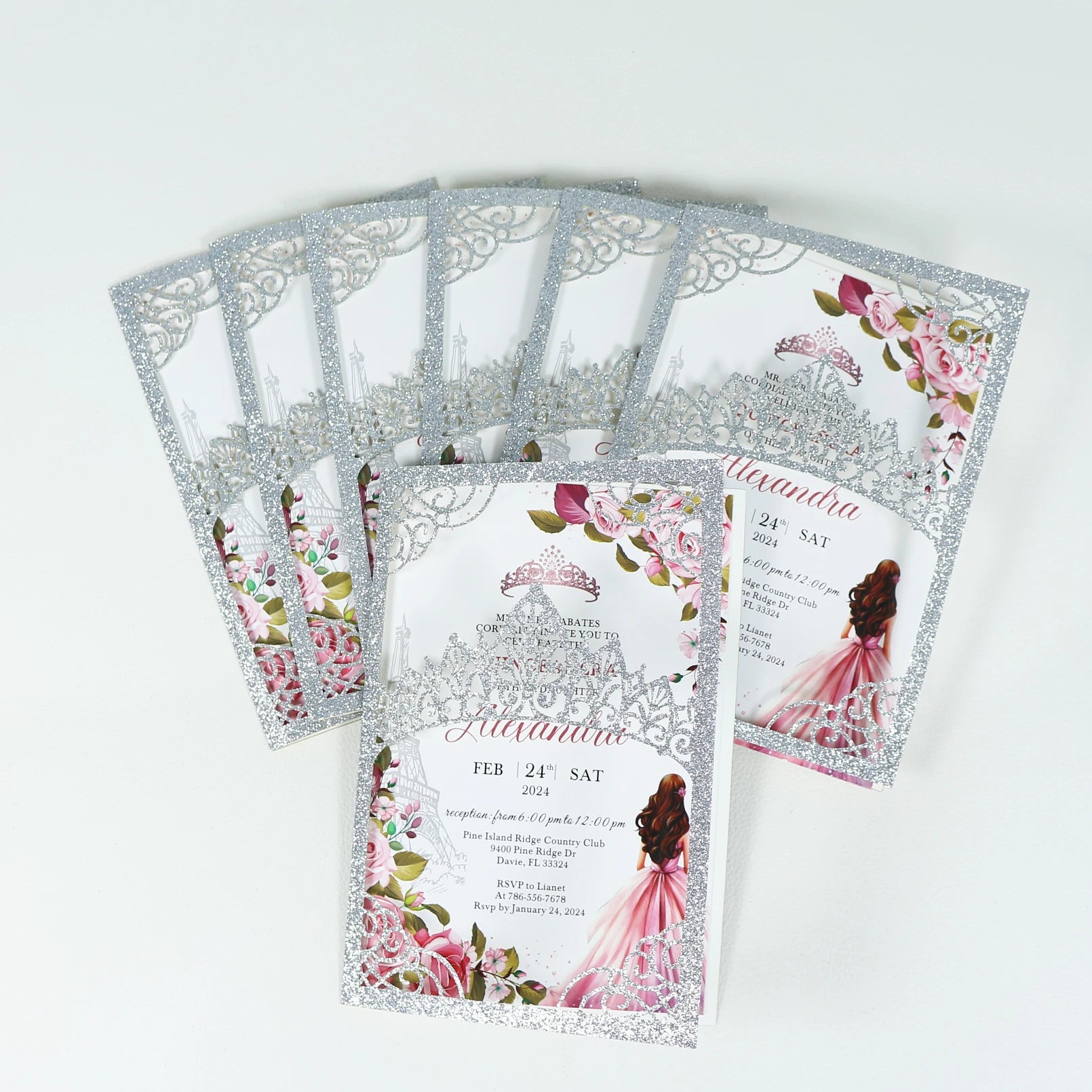 Silver Glitter DIY Invitation Cards Customisable Laser Paper Cover Quinceanera Handmade Pink Theme Paper Invitations Birthday