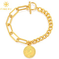 Retro Hip Hop Simple Stainless Steel Gold Plated Elizabeth Women Coin Charm Paper Clip Cuban Chain Bracelet