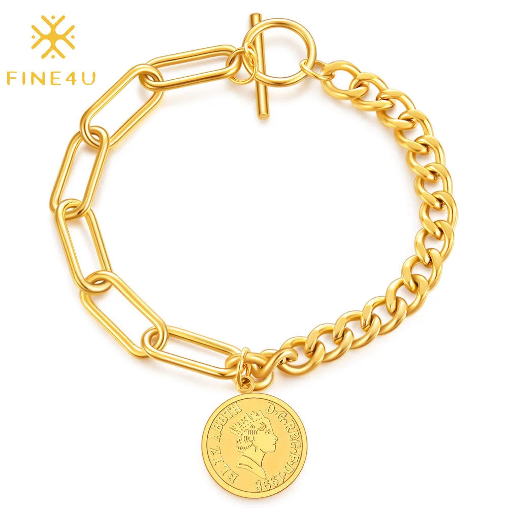 Retro Hip Hop Simple Stainless Steel Gold Plated Elizabeth Women Coin Charm Paper Clip Cuban Chain Bracelet