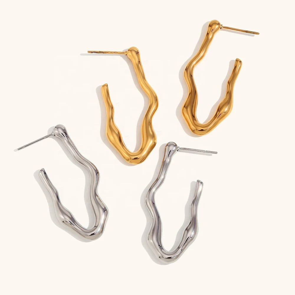 Dingran Factory Wholesale Casting Water Wave V Shape Earrings Tarnish Free Jewelry Gold Plated Hoop Earrings