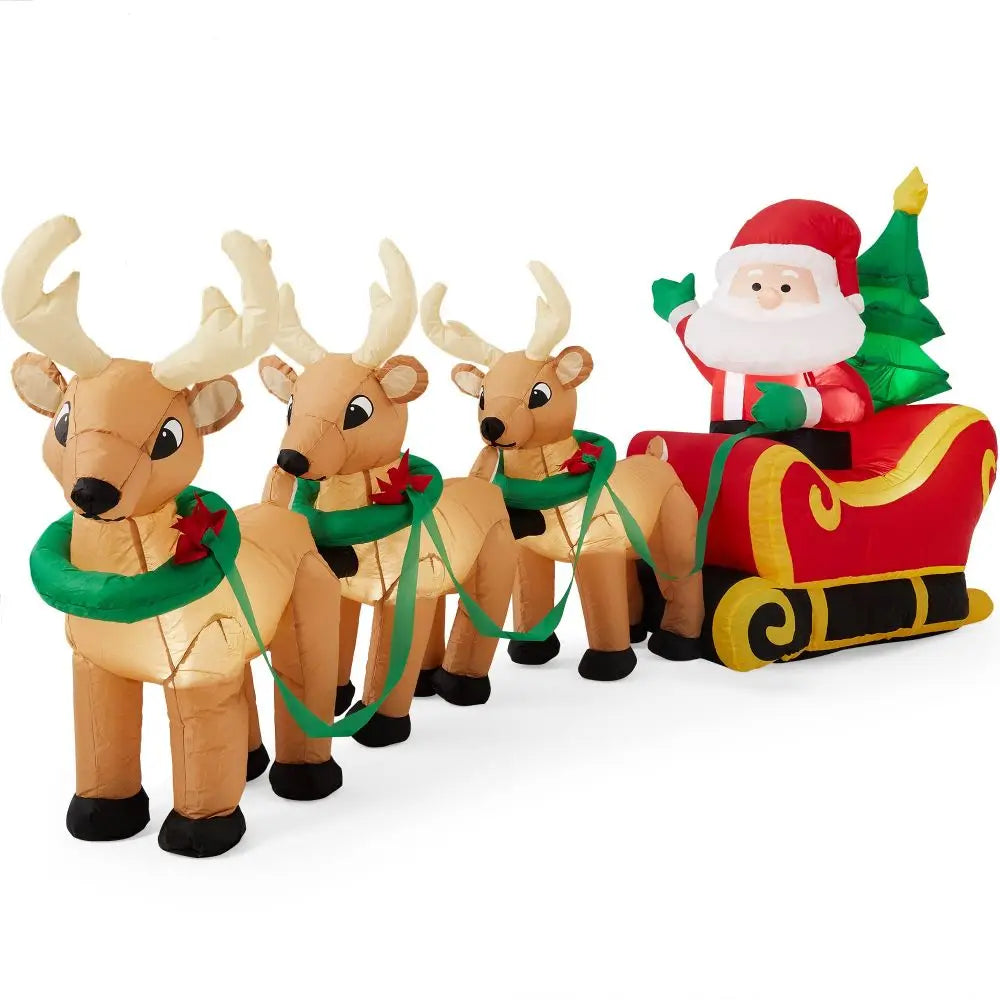Christmas Outdoor Yard Decoration Inflatable LED Lighted Snowman Santa on Sleigh with Reindeers Gift Boxes Blow Noel Inflatable