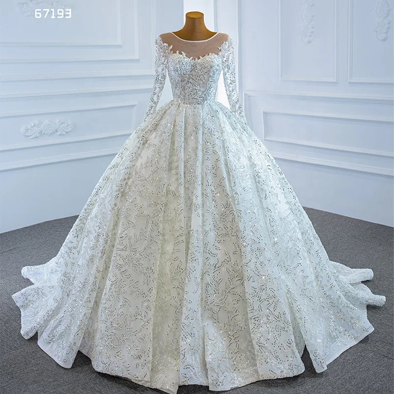 Jancember RSM67193 Long Sleeve Luxury Long Train Full Sequin Ball Gown Wedding Dress