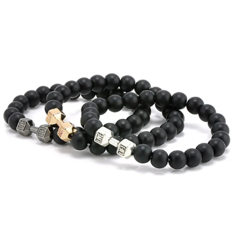 Women's Fashion Volcanic Stone and Steel Pearl Beaded Bracelet Hand Decoration Metal Dumbbell Buddha Bangle Jewelry Gift