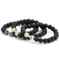 Women's Fashion Volcanic Stone and Steel Pearl Beaded Bracelet Hand Decoration Metal Dumbbell Buddha Bangle Jewelry Gift