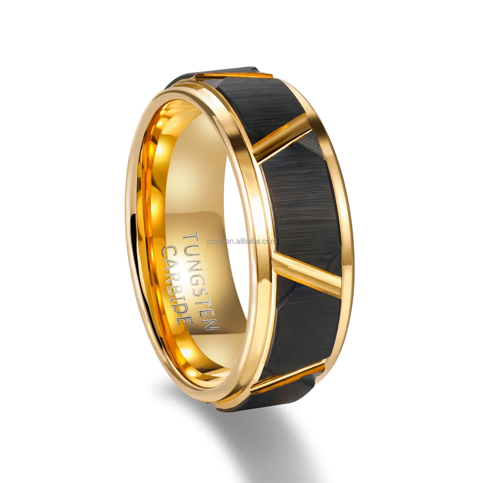 POYA Mens Gold Plated Grooved Black 6mm 8mm Tungsten Luxury Matching Wedding Ring for Men