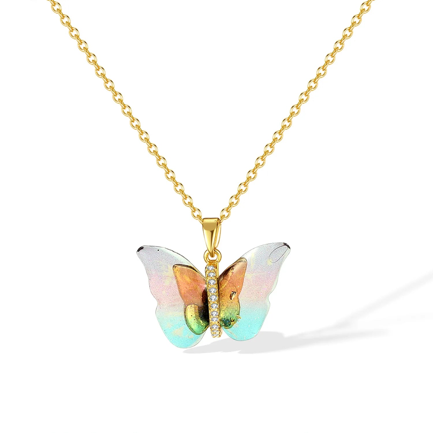 Hot Sale Colorful Resin Cubic Zirconia Gradient Butterfly Pendant Gold Plated Stainless Steel Beads Hip Hop Necklace Women Girls