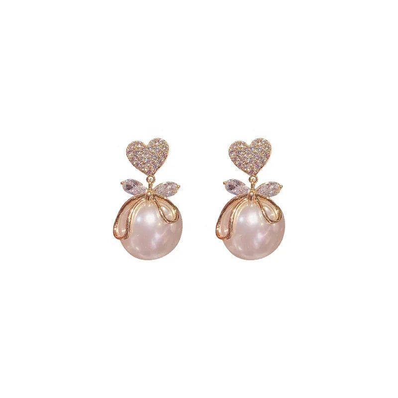 Elegant Fashionable Peach Heart Pearl S-925 Silver Needle Fine Jewelry Alloy Earrings