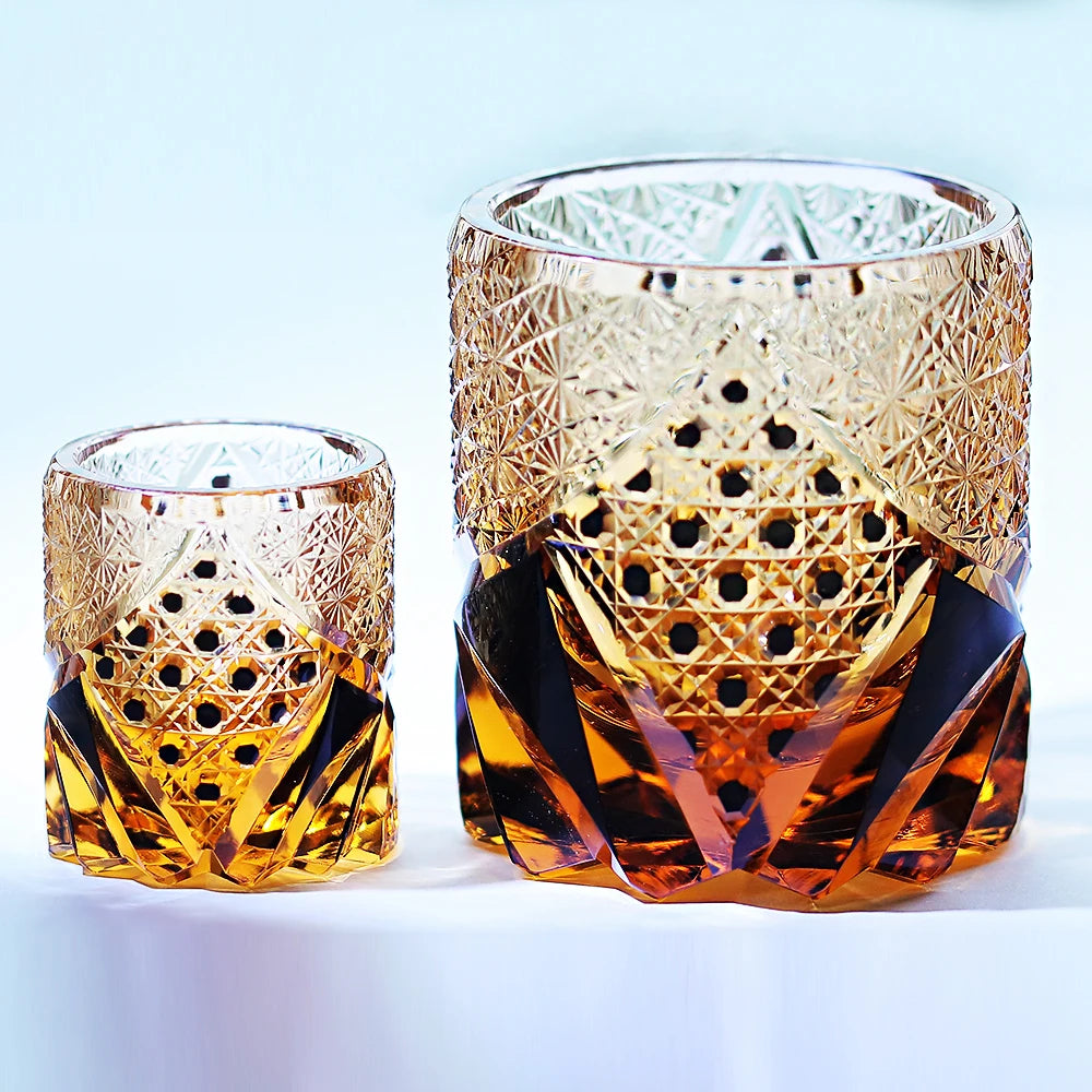 Heavy Base Japanese Edo Kiriko Shot Glass Hand-Engraved Black Knight Whiskey Tumbler with Rocks 220ml 30ml