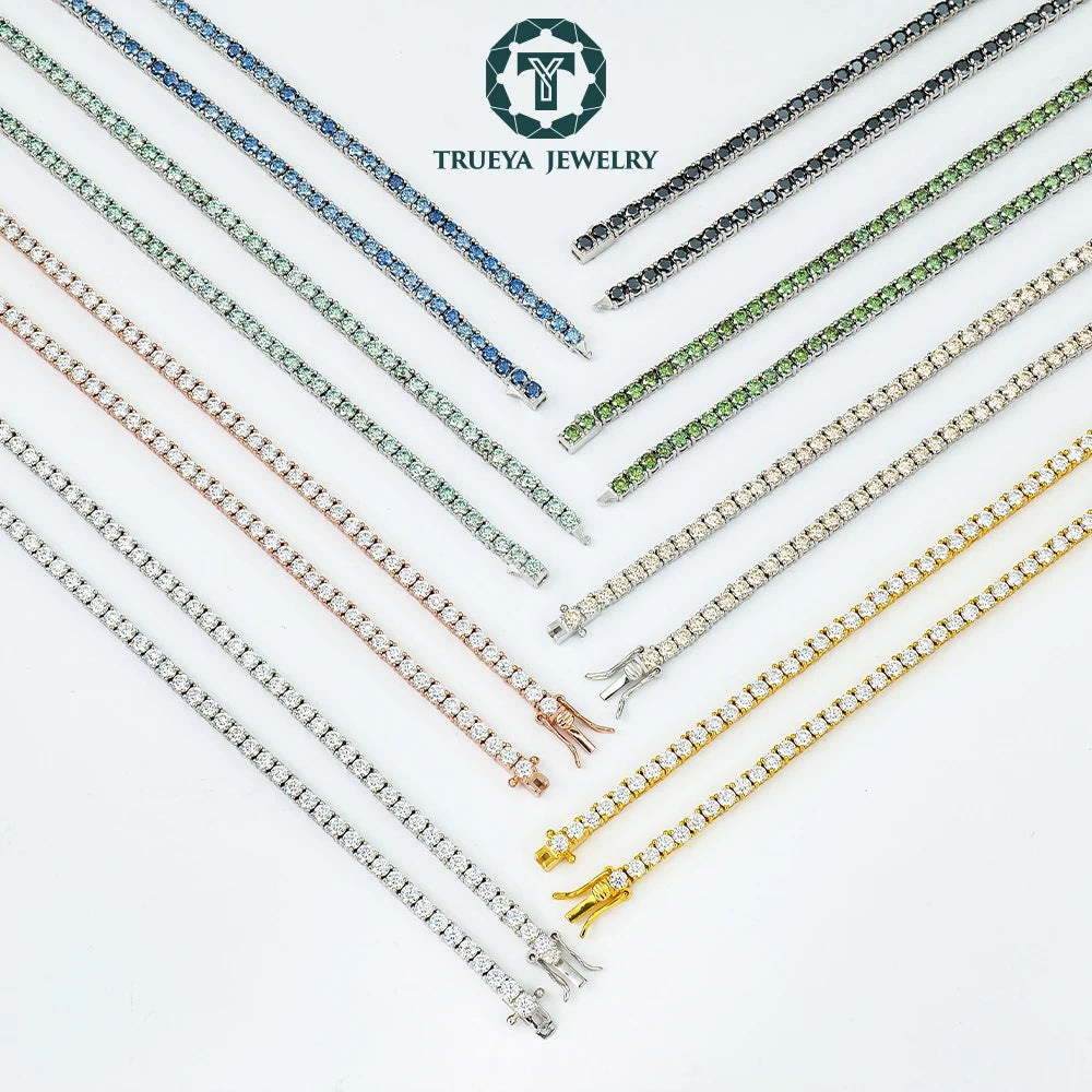 Trueya New Design 3-6mm 925 Sterling Silver Green Black Colorful Hiphop Tennis Necklace Hip Hop Style for Gift Personal Use