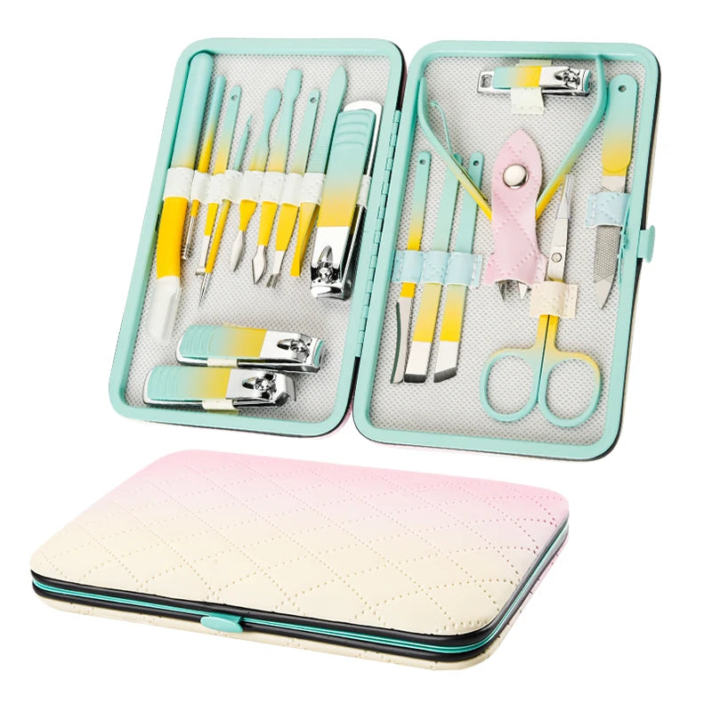 New Arrival Gradient Color Stainless Steel Leather Fashionable Manicure Set 7/10/12/15/18pcs Nail Clipper Portable Pedicure Care