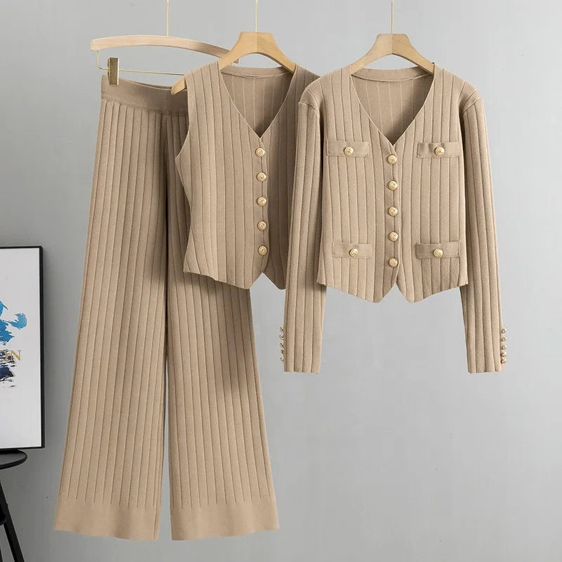 Wide-legged Pants Sweater Three Piece Female 2025 Spring Fall New Vest Knitted Cardigan Set