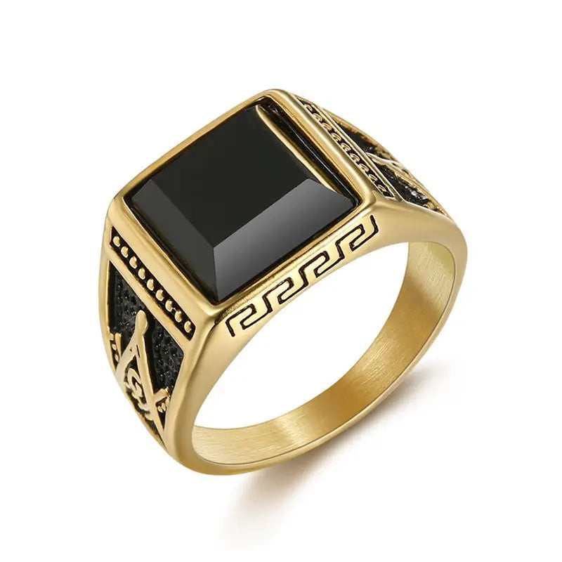 Latest Popular Classic Retro Rings Stainless Steel Color Preserving Gold-plated Hiphop Black Agate Ring