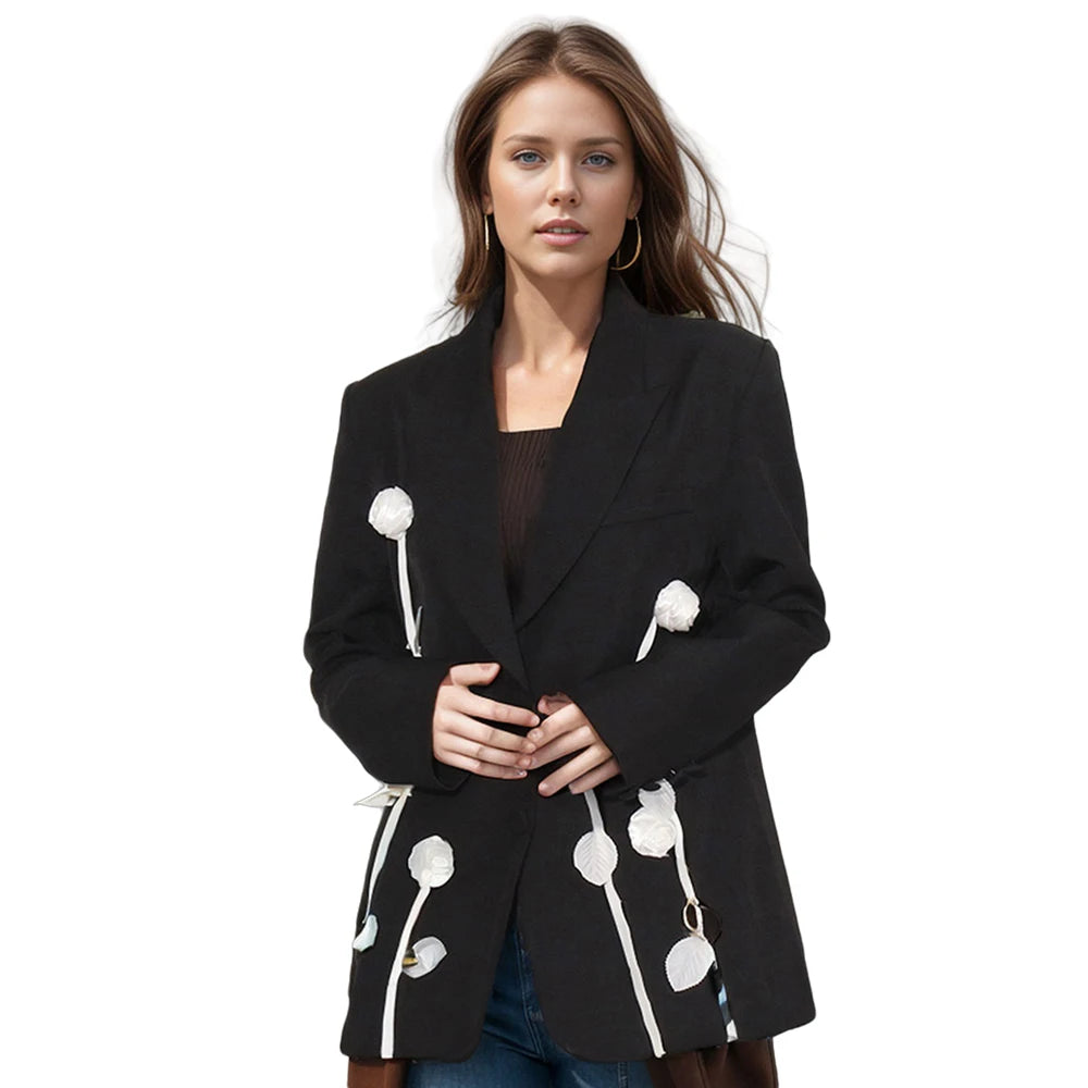 TWOTWINSTYLE Creative Design Women's Blazer Black Flower Contrasting Splicing Decoration V-Neck Long Sleeved Jacket for Women