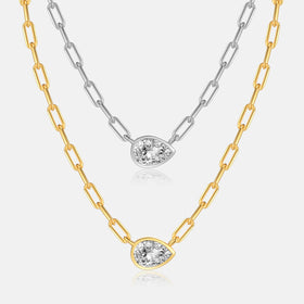 FUAMAY 925 Silver Solitaire Cubic Zircon Jewelry Paperclip Chain Water Drop Charm Necklace