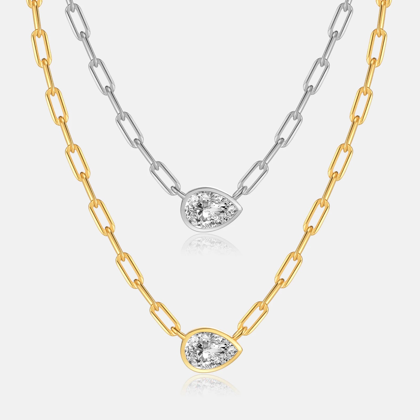 FUAMAY 925 Silver Solitaire Cubic Zircon Jewelry Paperclip Chain Water Drop Charm Necklace
