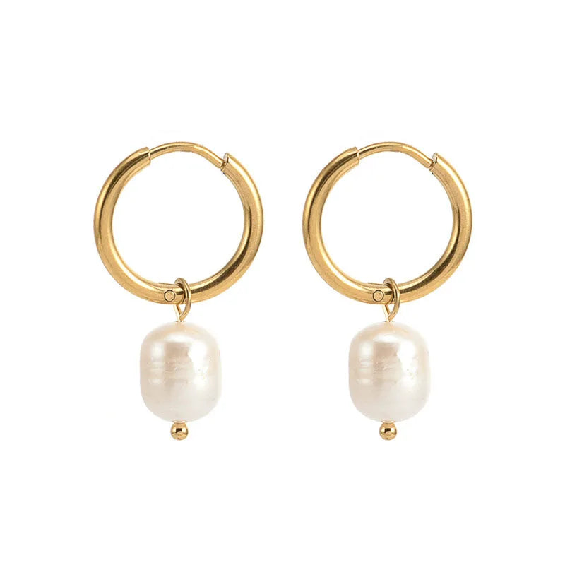 Fashion Jewelry Earrings Single Pearl Drop Earrings 14k Gold Plated Stainless Steel Huggie Baroque Pearl Hoop Earrings