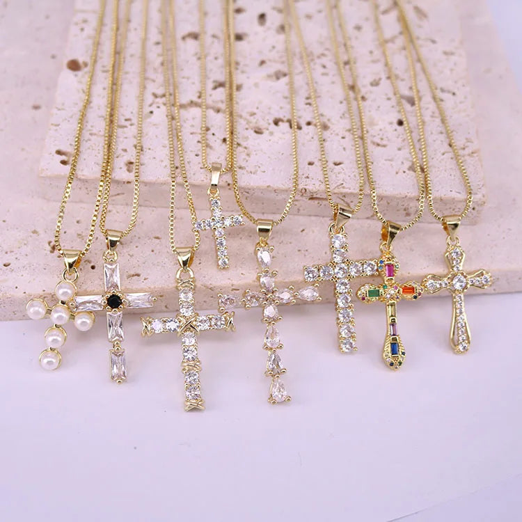 NZ1177 Chic Diamond the Christian Religious Jewelry Cubic Zirconia CZ Micro Pave Cross Pendant Chain Necklace
