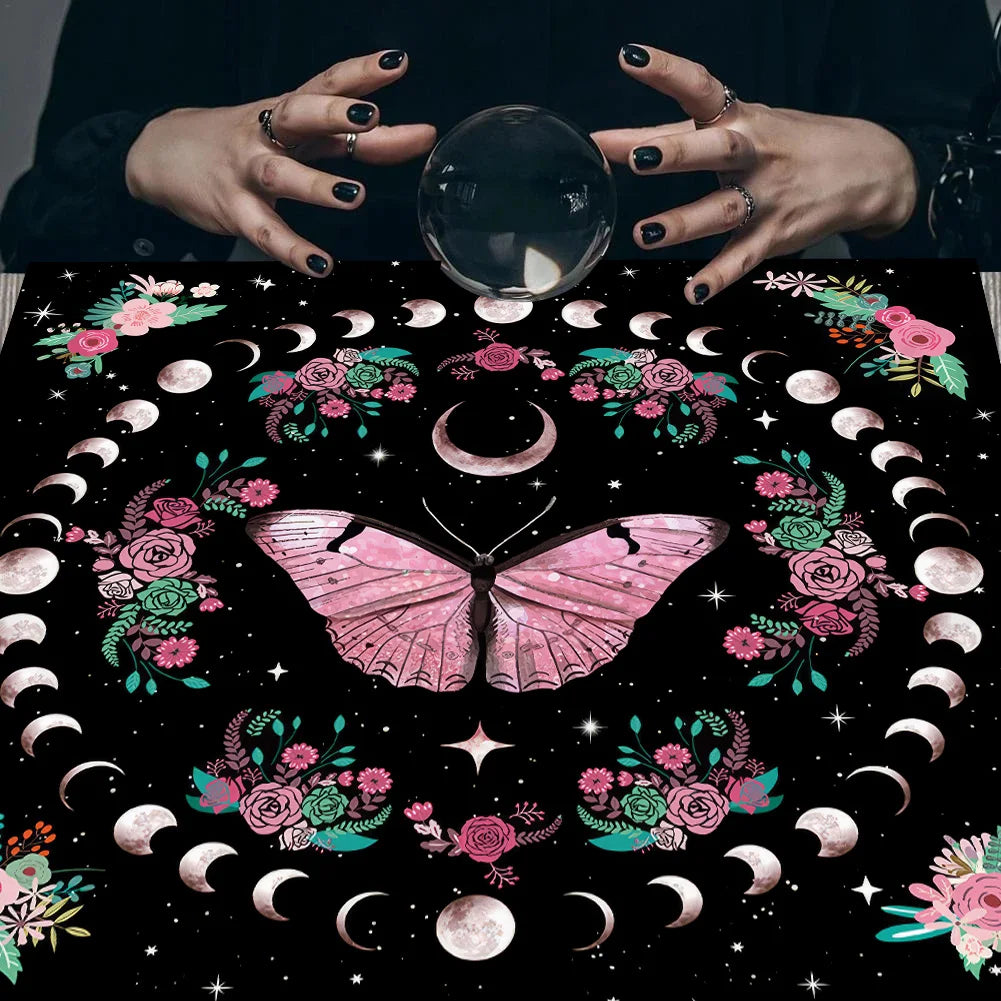 Moon Phase Butterfly Botanical Celestial Altar Velvet Nonwoven Tarot Tablecloth Mat Tapestry Wall Hanging Spread Cover Home