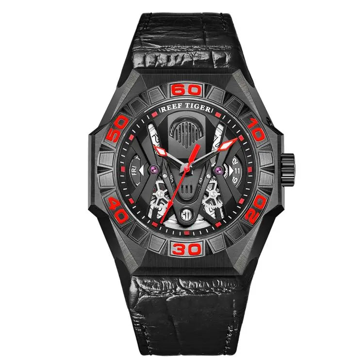 REEF TIGER RGA6922 Limited Watch Men Automatic Mechanical All Black Blue Skeleton Waterproof Rubber Strap Relogio Masculino