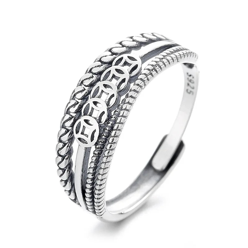 S925 Sterling Silver Retro Coin Ring Attract Luck Wealth Geometric Overlapping Lines Irregular Shape Open Ring