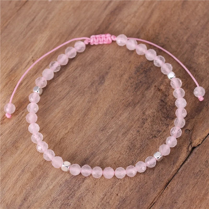 Popular Jewelry 4mm Gemstone Rose Quartz Beads Dainty Bracelet for Women Tibetan Adjustable Natural Stone Braided Bracelet Jewelry Wholesale