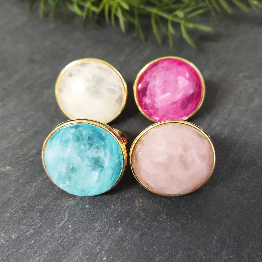 Latest Design Natural Gemstone Jewelry 18k Gold Plated Adjustable Single Stone Ring Big Round Rose Quartz Crystal Women Rings
