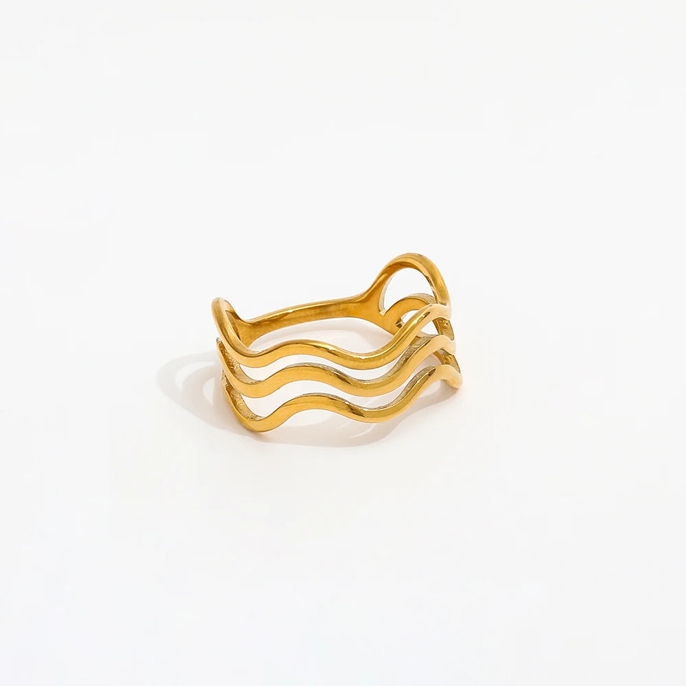 Joolim Jewelry 18K Gold Plated Three Layer Waved Lines Stainless Steel Statement Rings for Women Tarnish Free & Waterproof